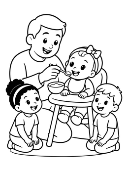 A cheerful baby girl coloring page showing a father feeding his infant while siblings watch.