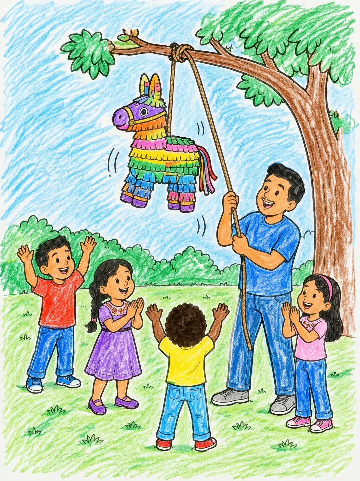 Colored example of the Father Pulling Piñata Rope For Cheering Kids coloring page