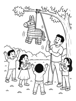 Kids cheering around a donkey pinata coloring page as a father pulls the rope.