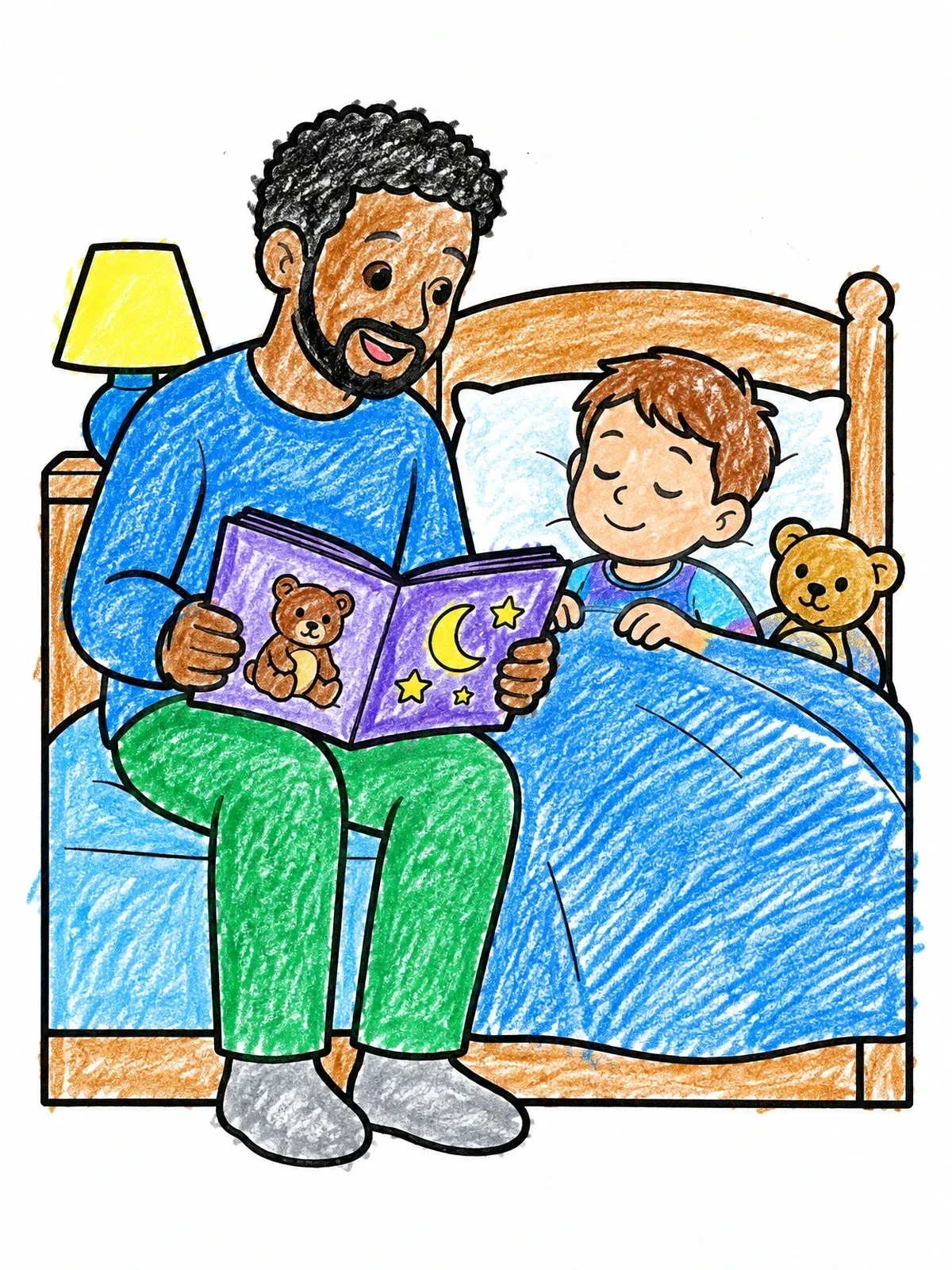 Colored example of the Father Reading A Bedtime Story coloring page