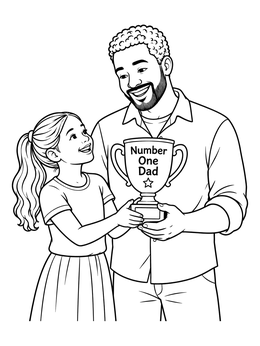 A smiling girl hands a trophy to her father in this dad and daugher coloring page.