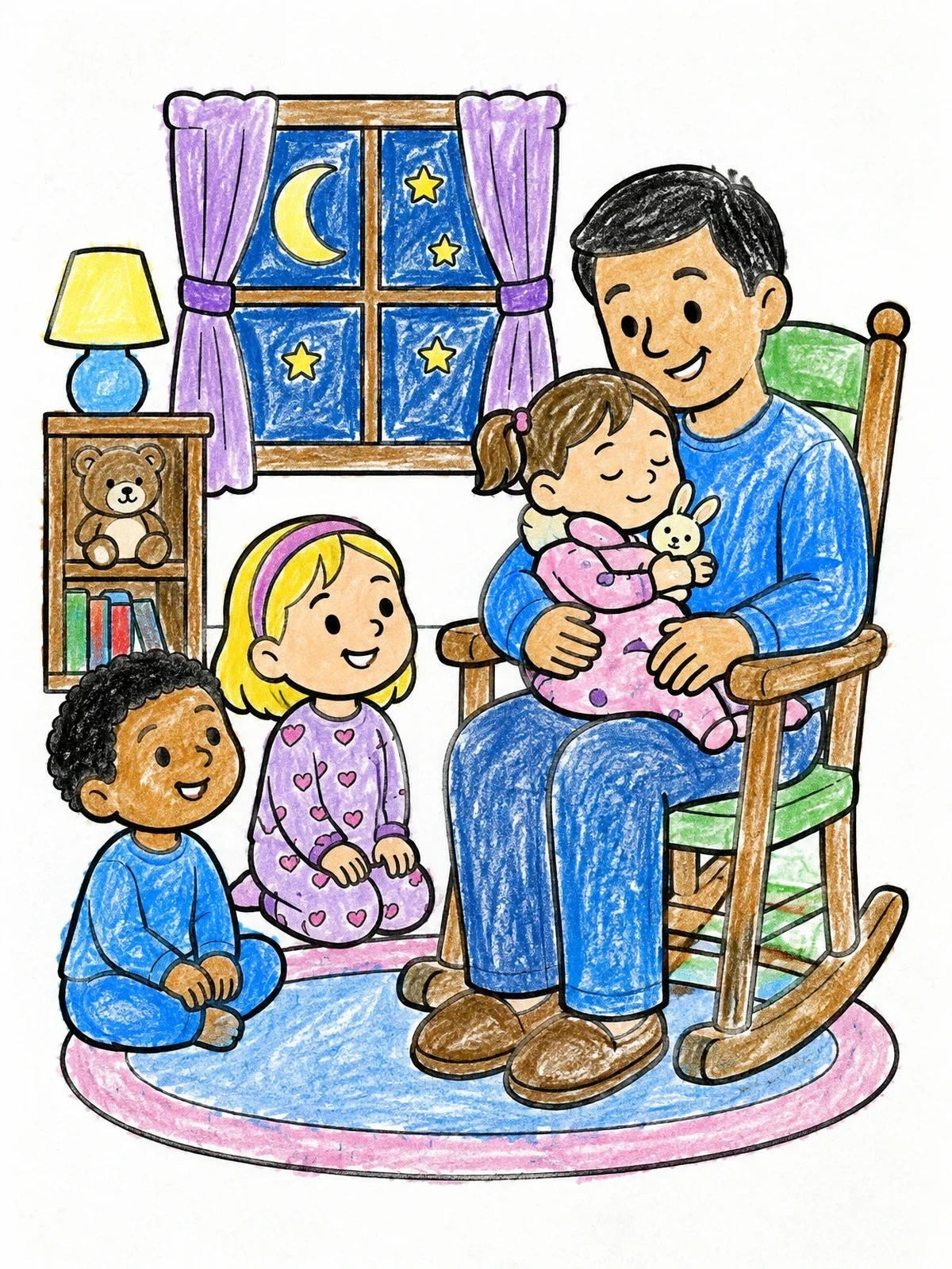 Colored example of the Father Rocking Toddler At Bedtime coloring page