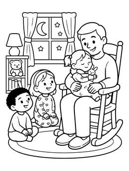 Father rocking toddler with children watching on this bedtime coloring page.