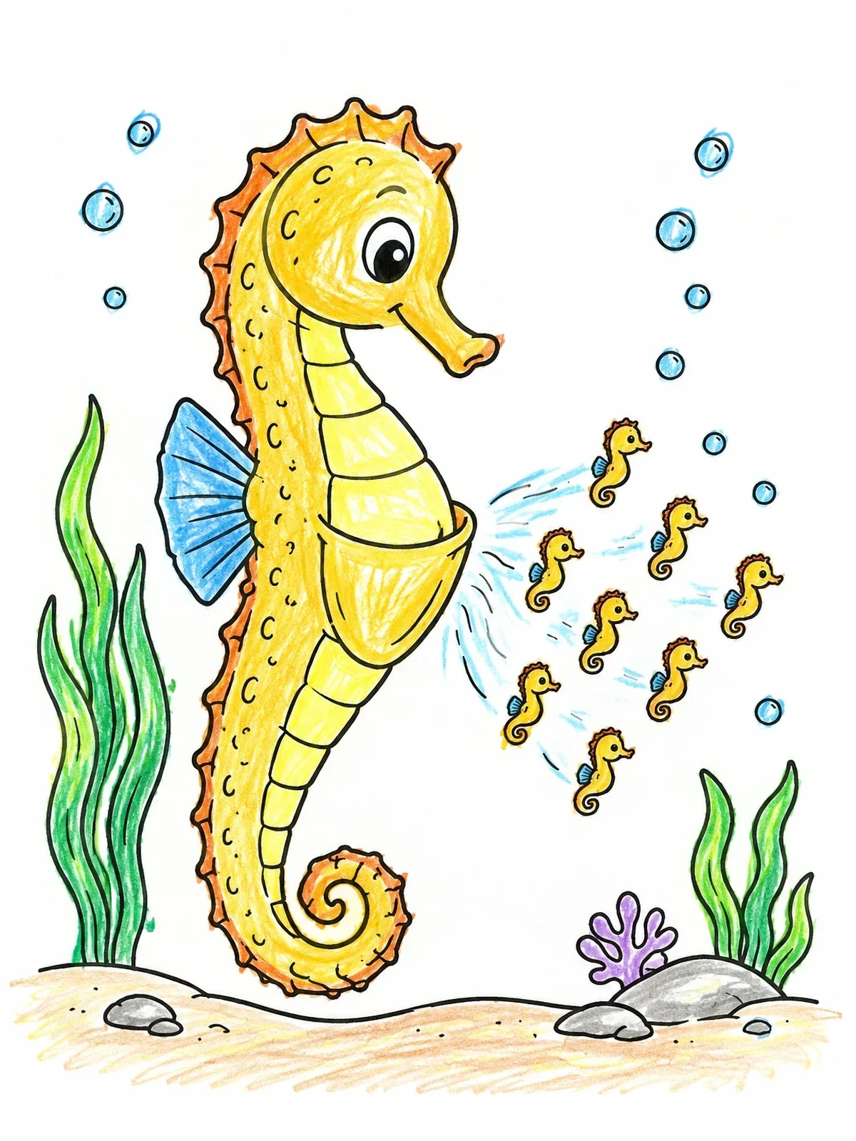 Colored example of the Father Seahorse Releasing Tiny Fry coloring page
