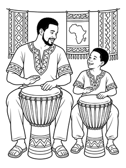 Father and son play djembe drums together in this festive kwanza coloring page.