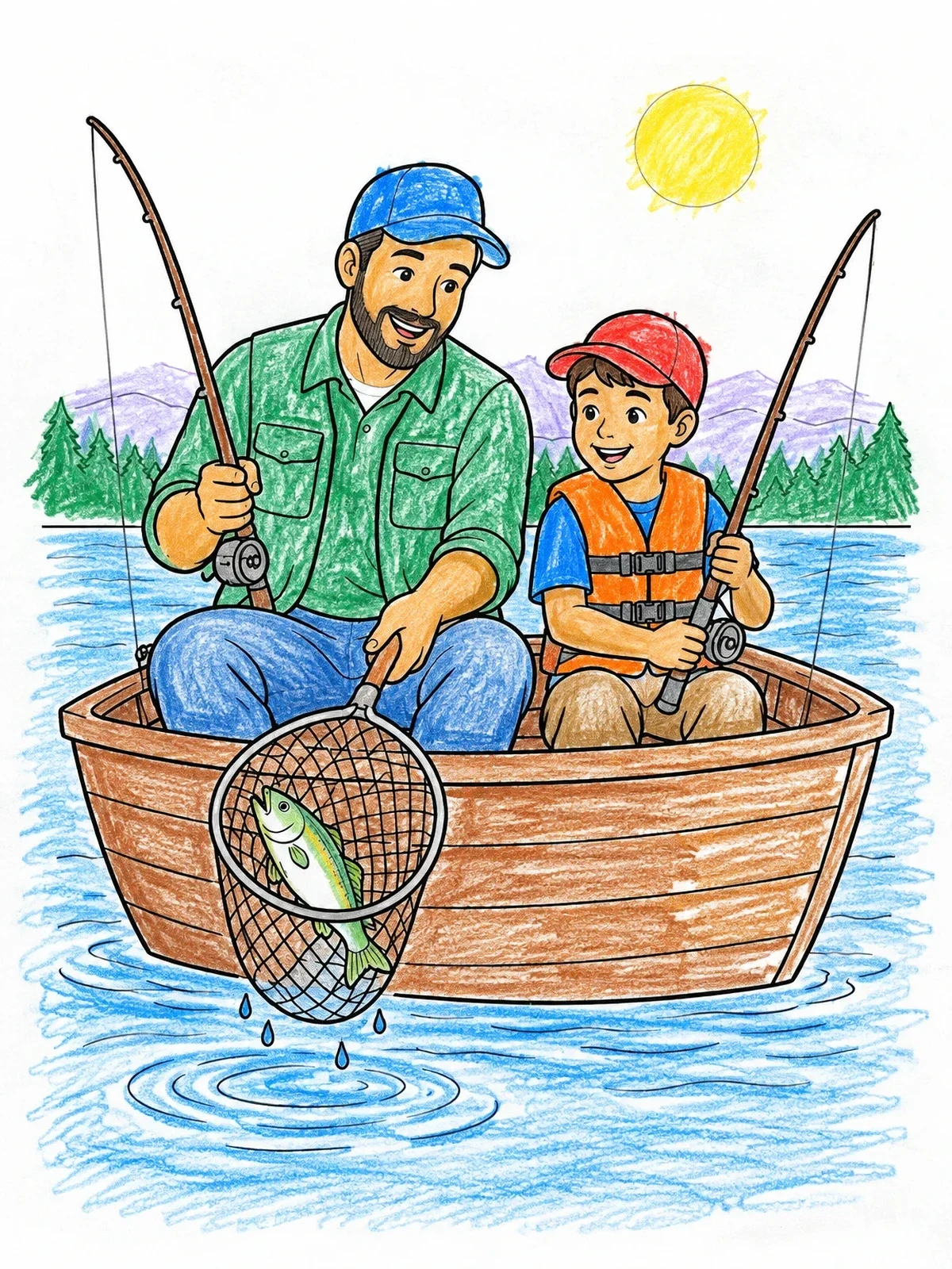 Colored example of the Father And Son Fishing In Boat coloring page