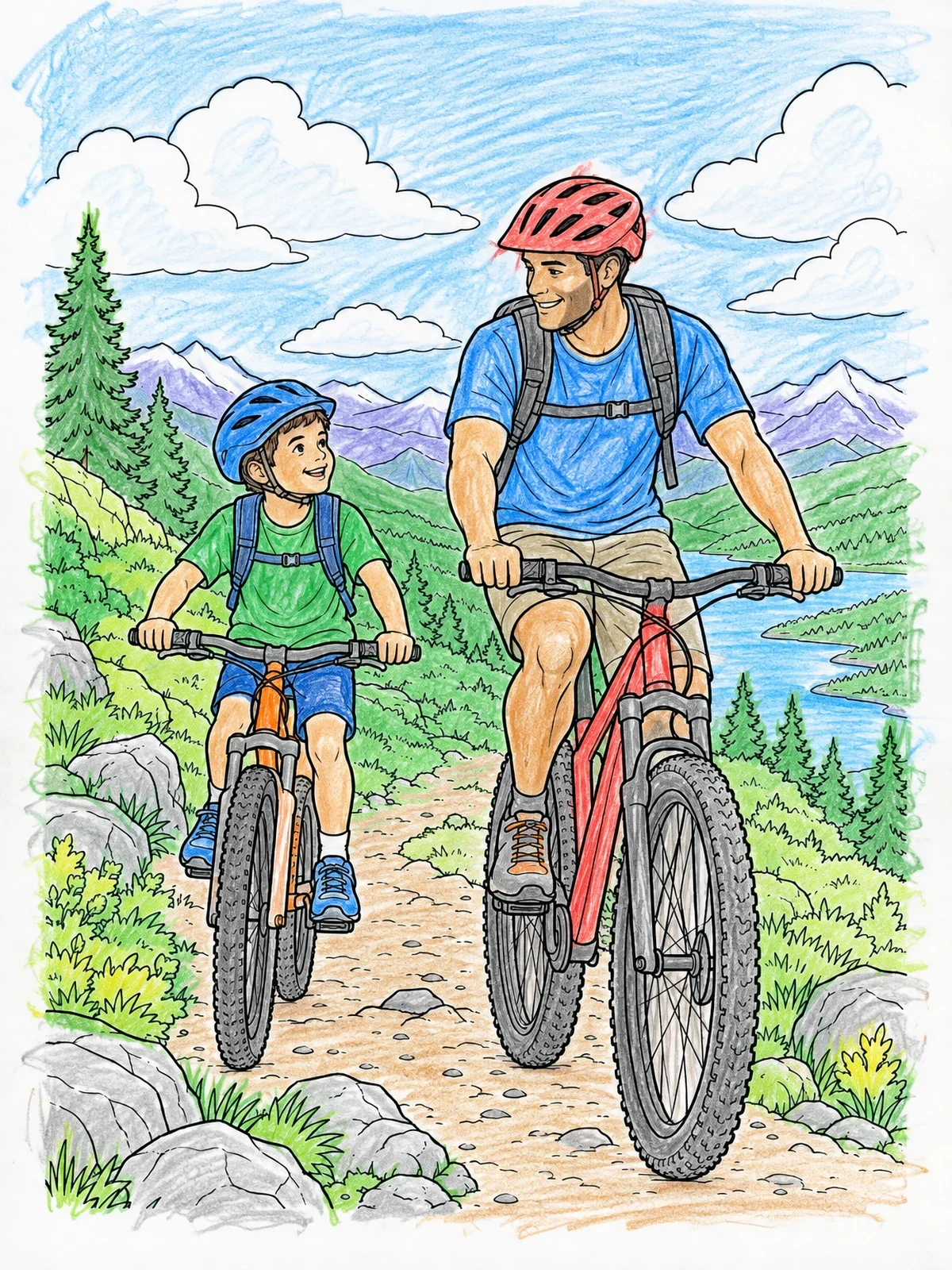 Colored example of the Father And Son Mountain Biking coloring page
