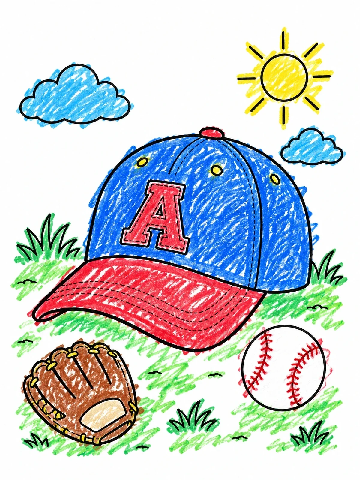 Colored example of the Baseball Cap And Glove Outdoors coloring page