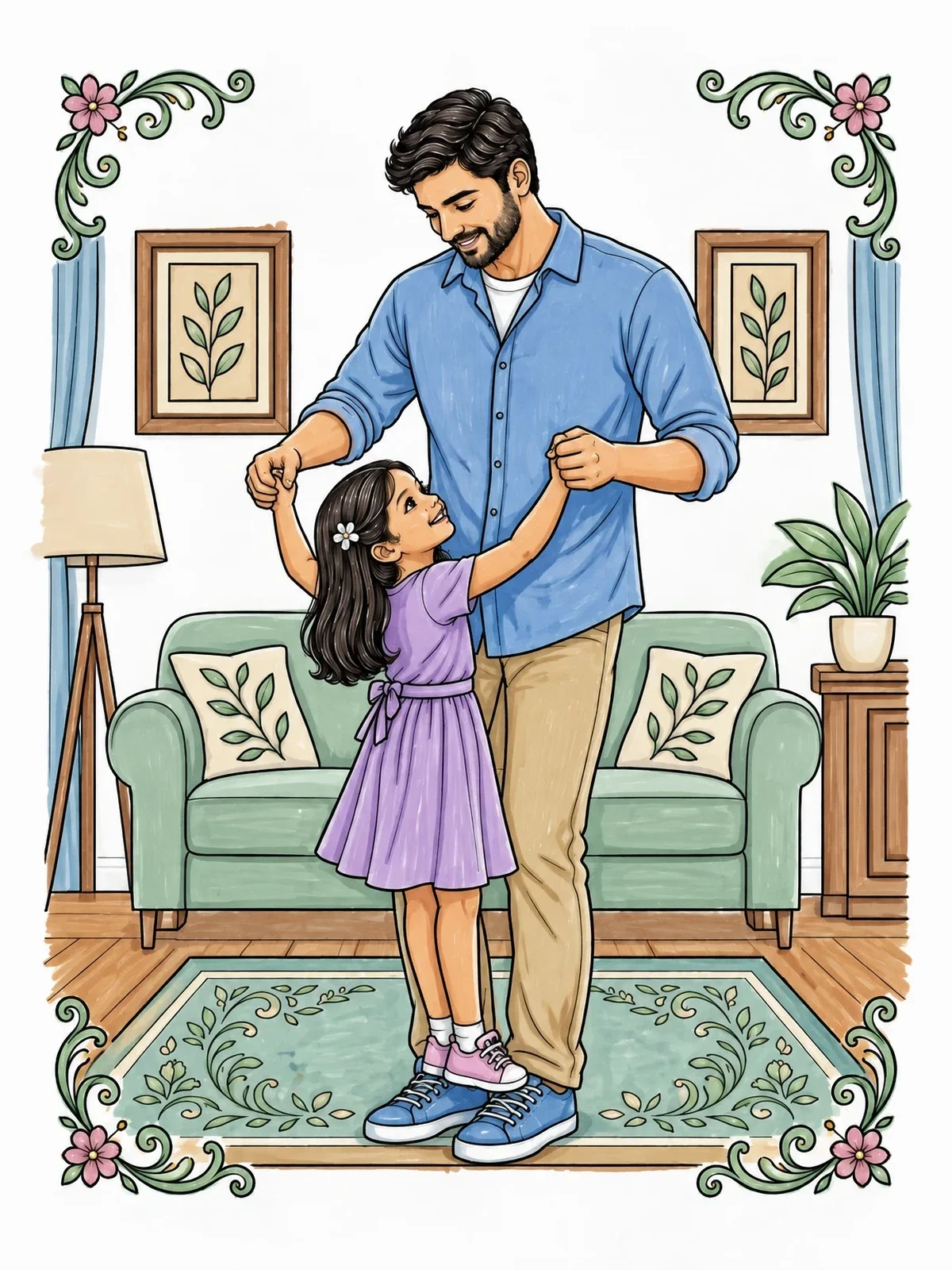 Colored example of the Father And Daughter Dancing In Living Room coloring page