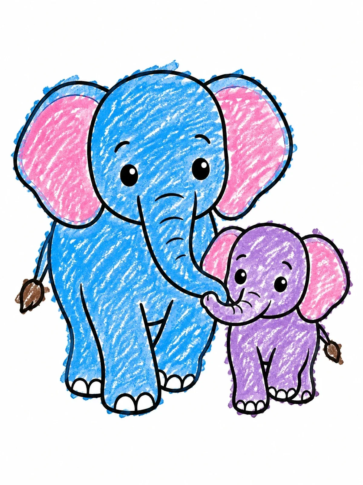Colored example of the Father And Baby Elephant Walking Together coloring page