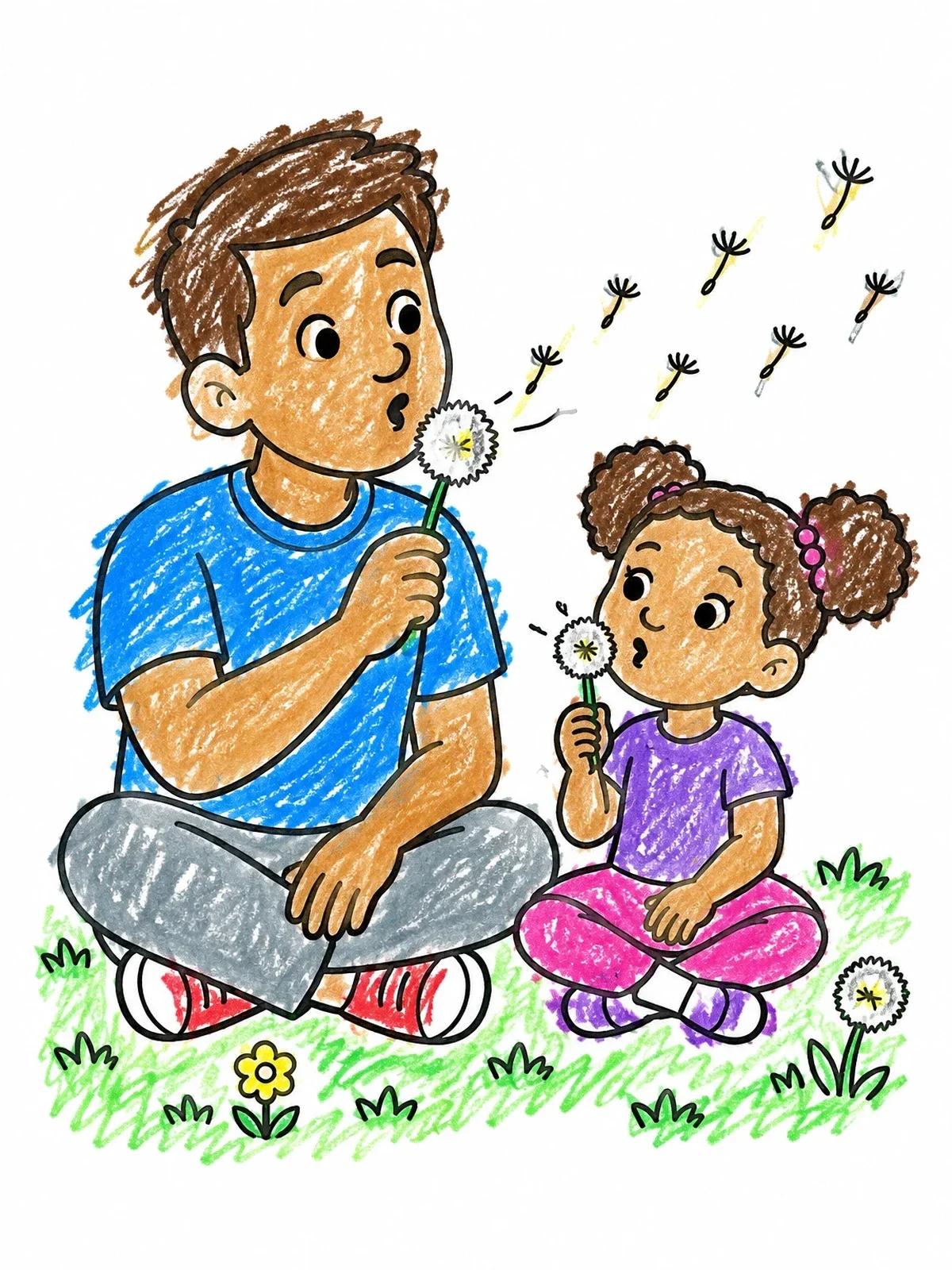 Colored example of the Father And Daughter Blowing Dandelions coloring page