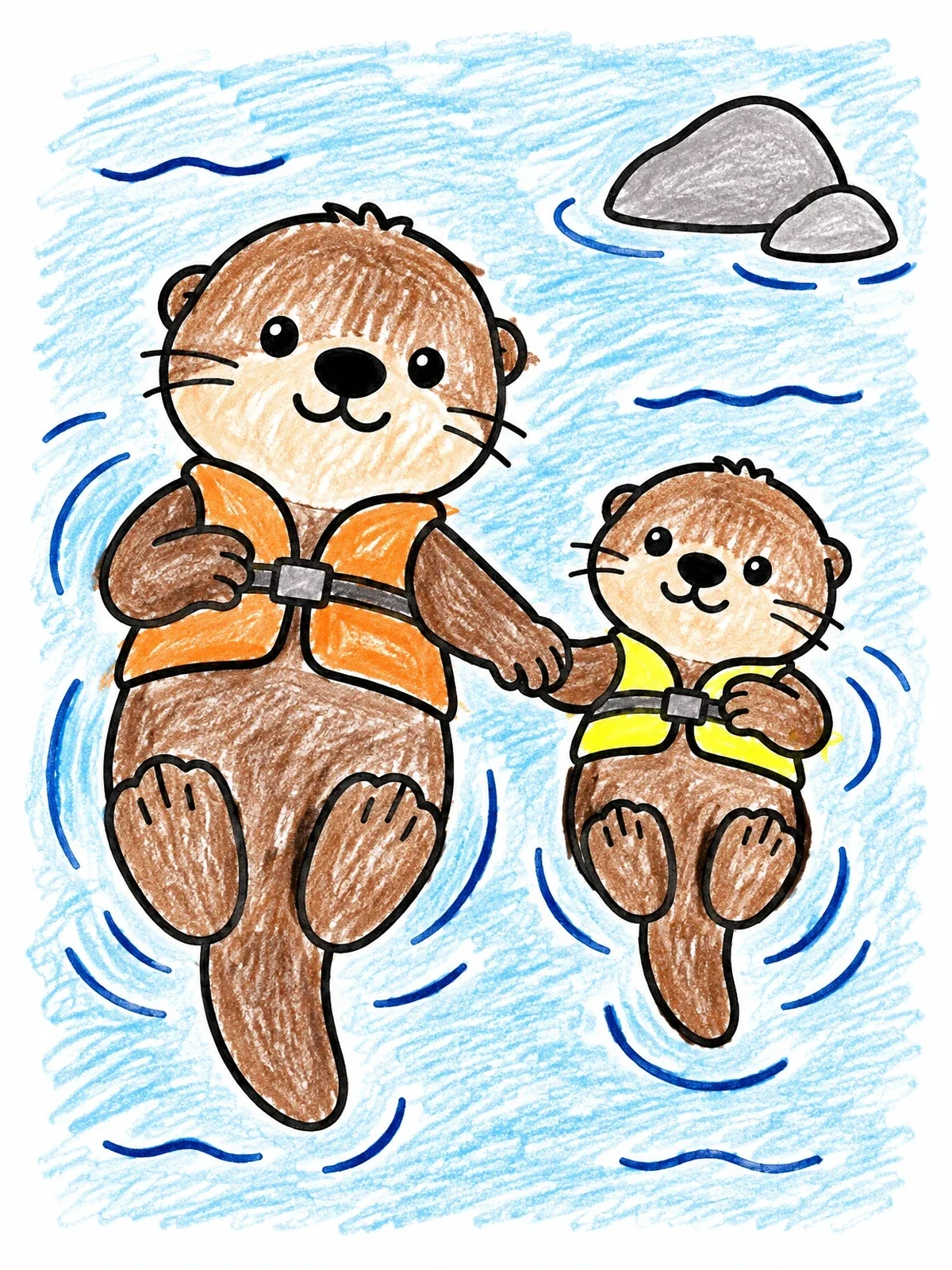 Colored example of the Father And Pup Sea Otters Floating coloring page