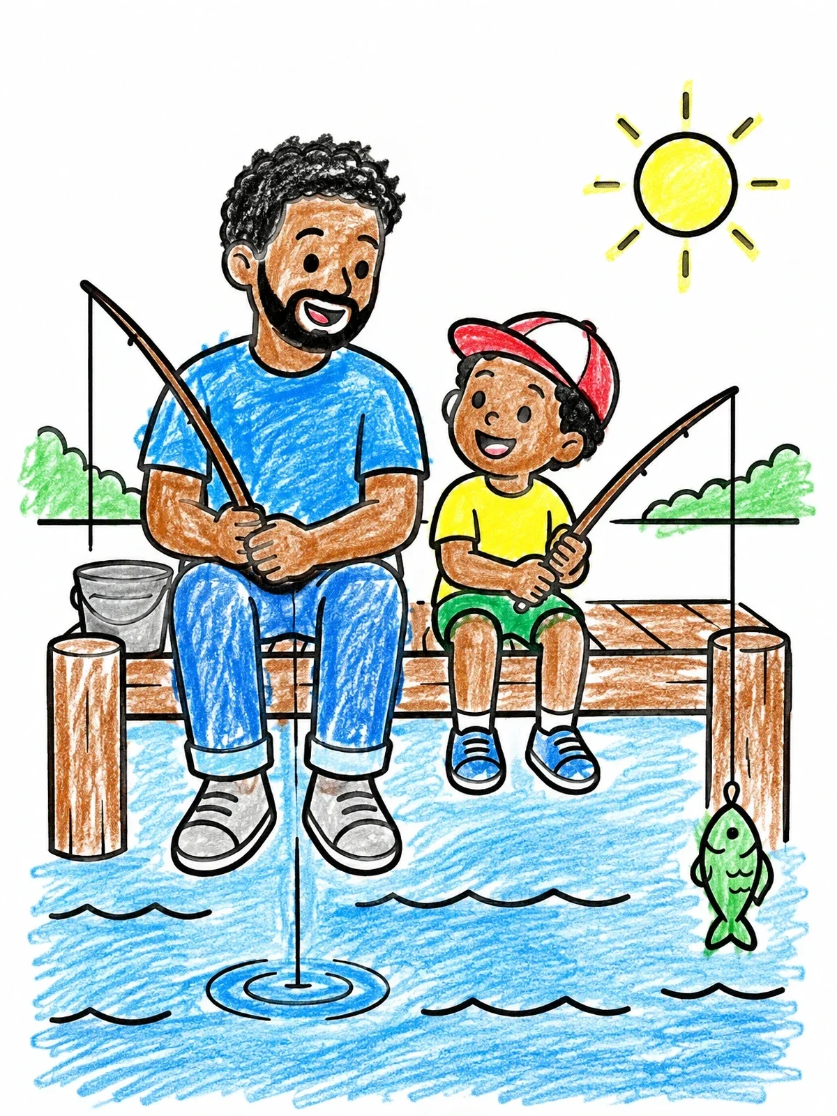 Colored example of the Father And Son Fishing Together coloring page