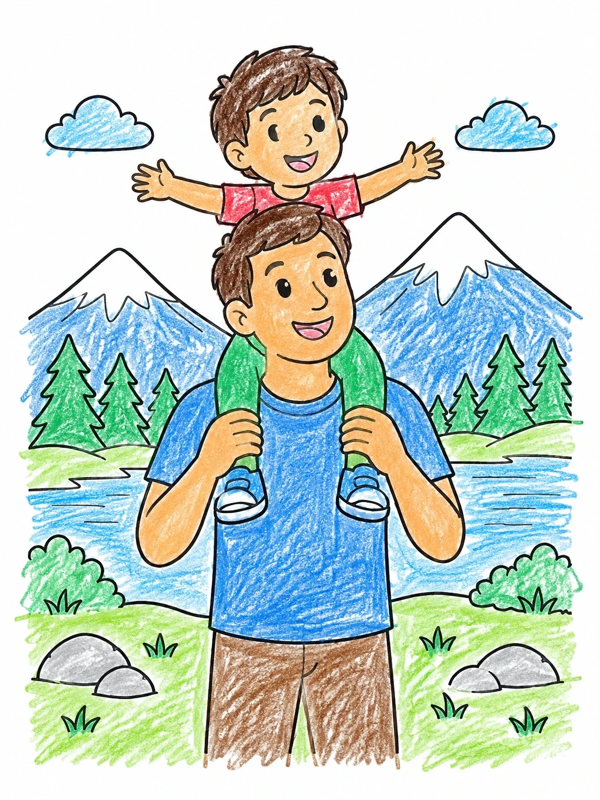 Colored example of the Father Carrying Son On Shoulders coloring page