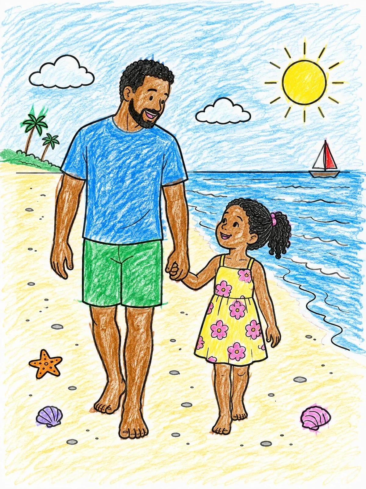 Colored example of the Father And Daughter Beach Walk coloring page