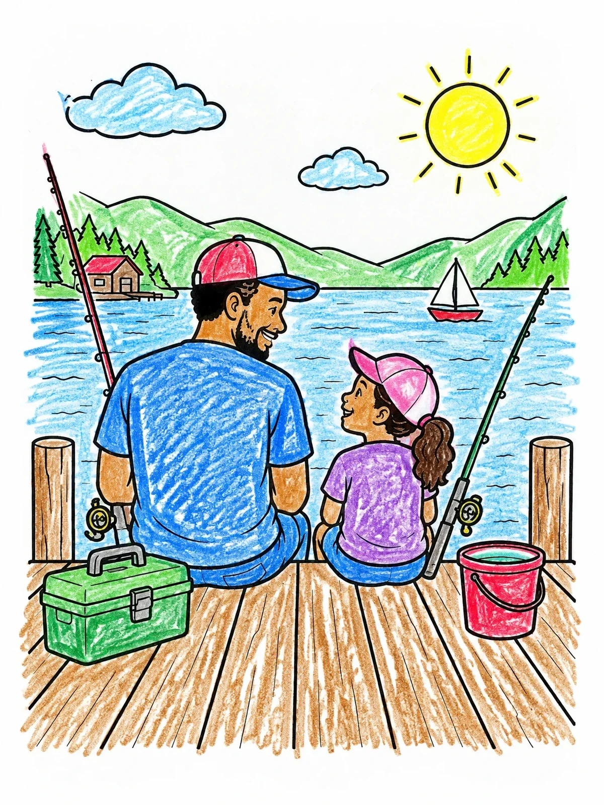 Colored example of the Father And Daughter Fishing On Dock coloring page