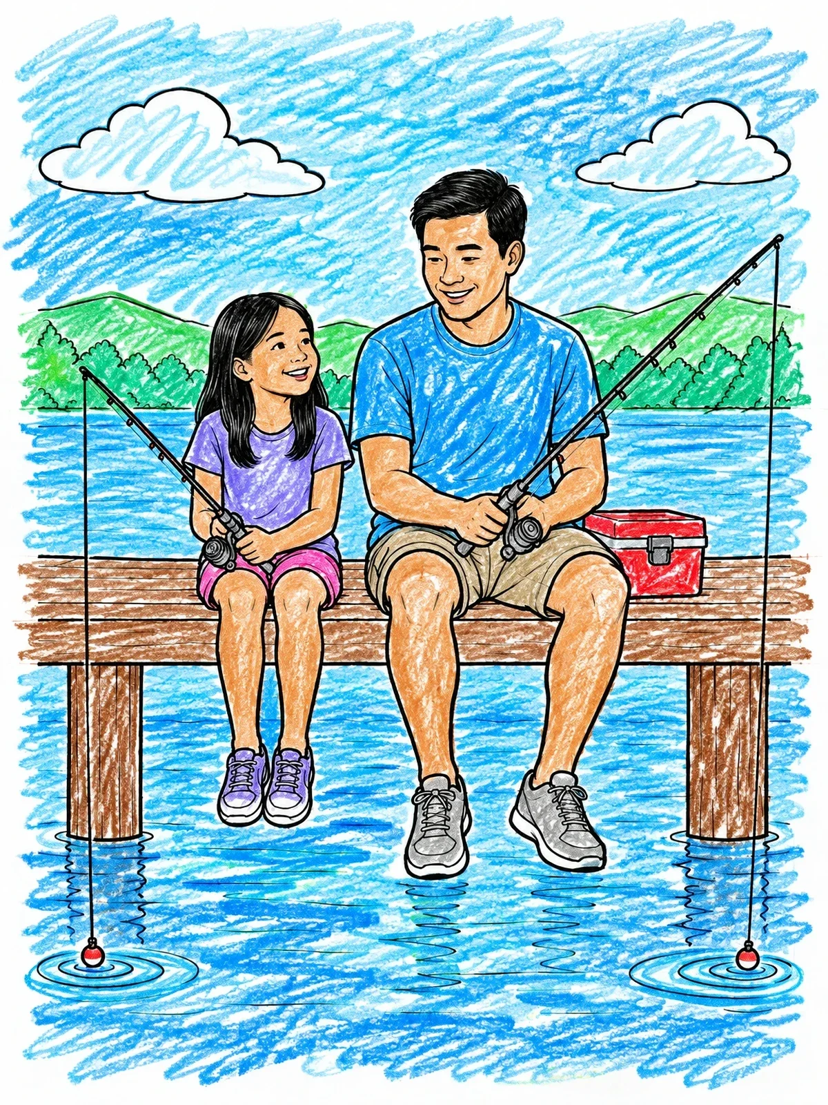 Colored example of the Father And Daughter Fishing By The Lake coloring page