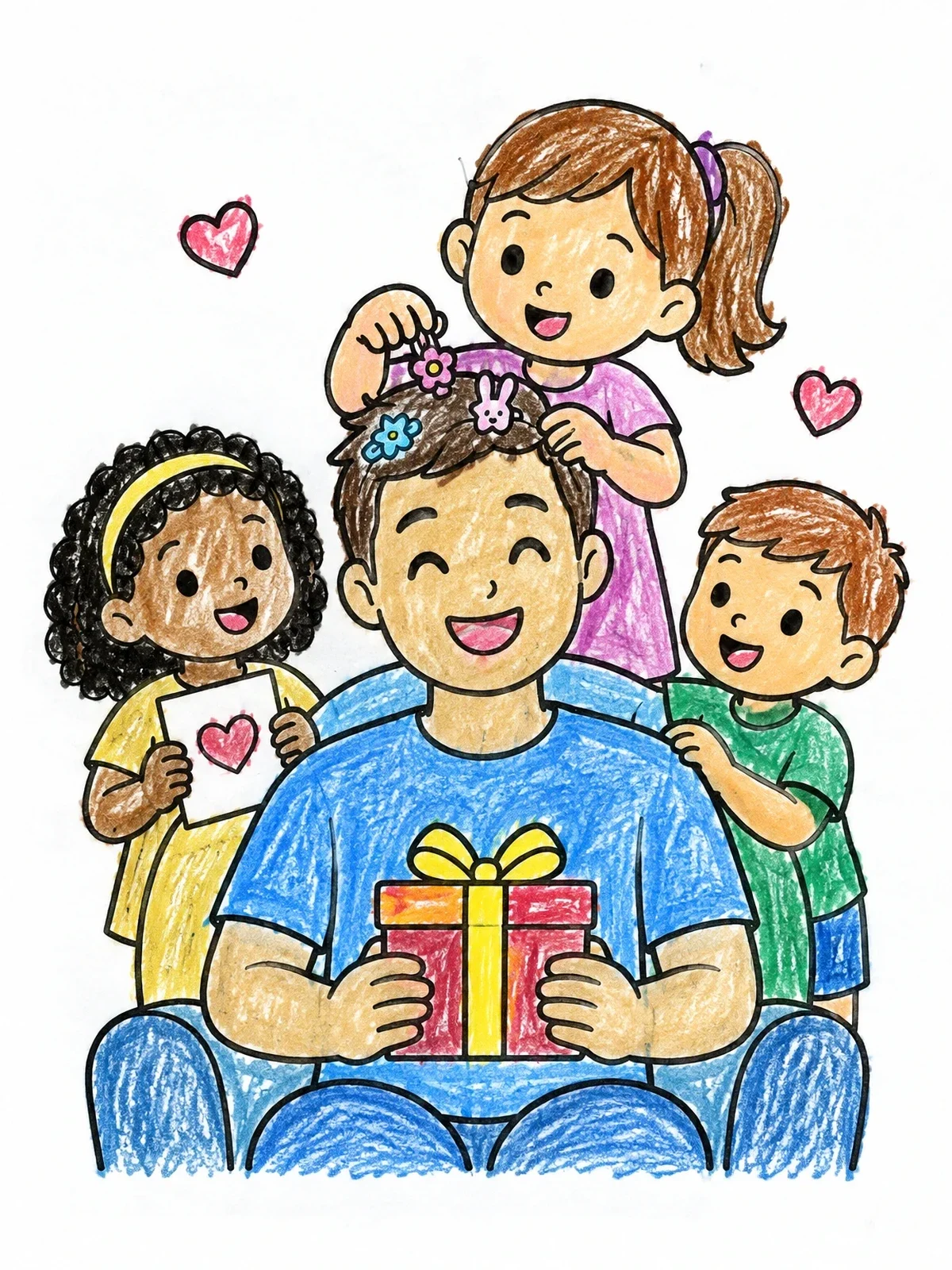 Colored example of the Father Getting Hair Styled By Kids coloring page