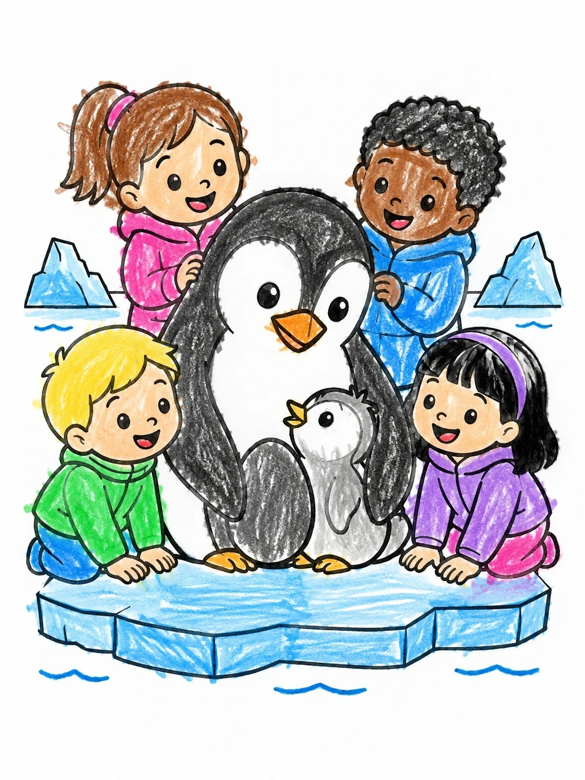 Colored example of the Father Penguin With Chick And Children coloring page