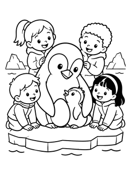 Free printable Father Penguin With Chick And Children coloring page