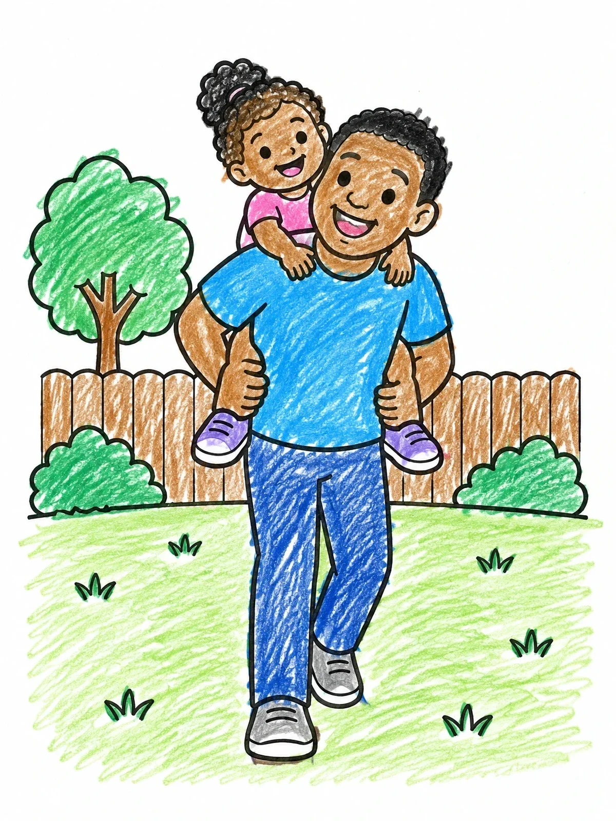 Colored example of the Father Giving Toddler A Piggyback Ride coloring page