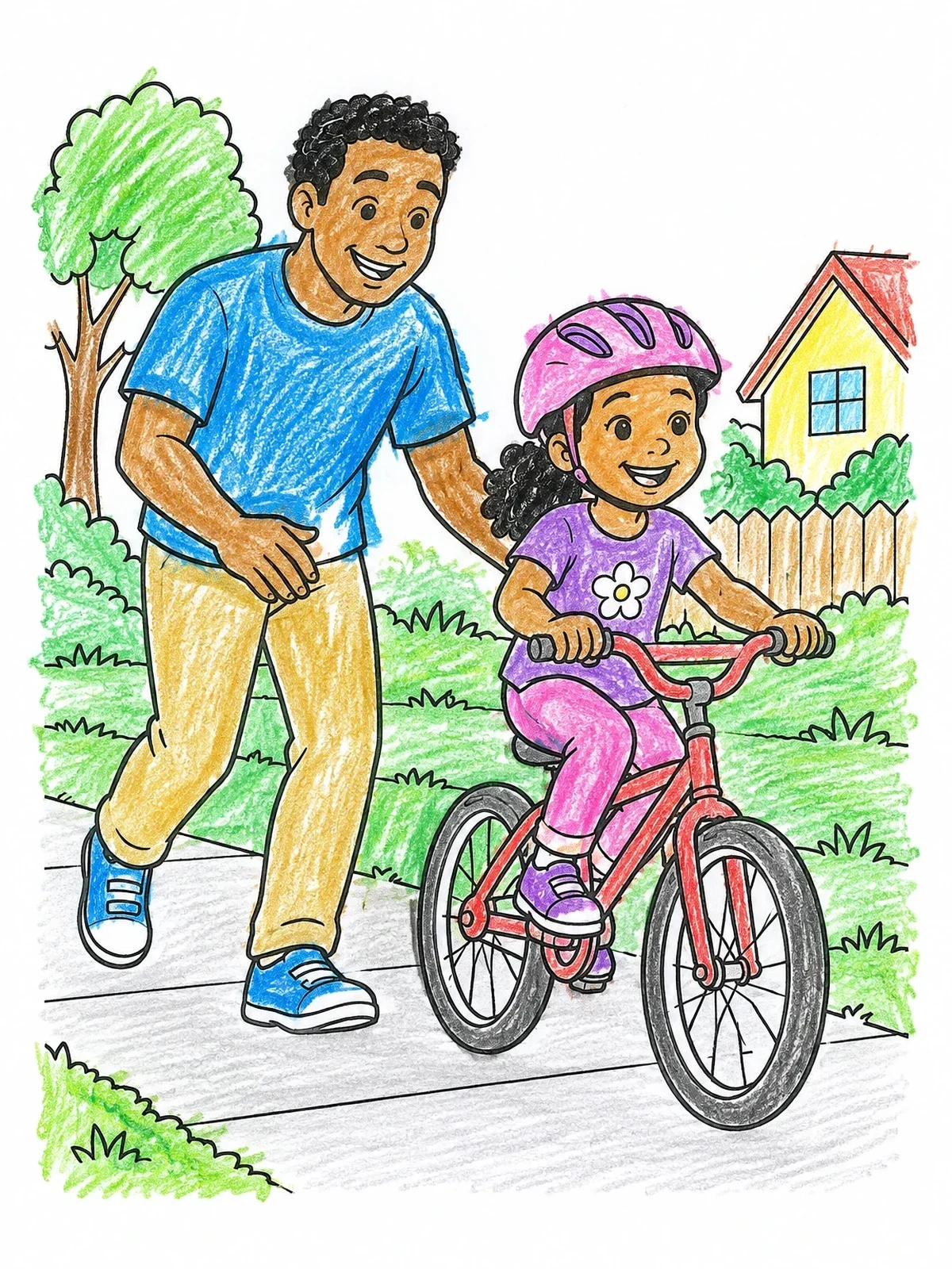 Colored example of the Father Teaching Daughter To Ride A Bike coloring page