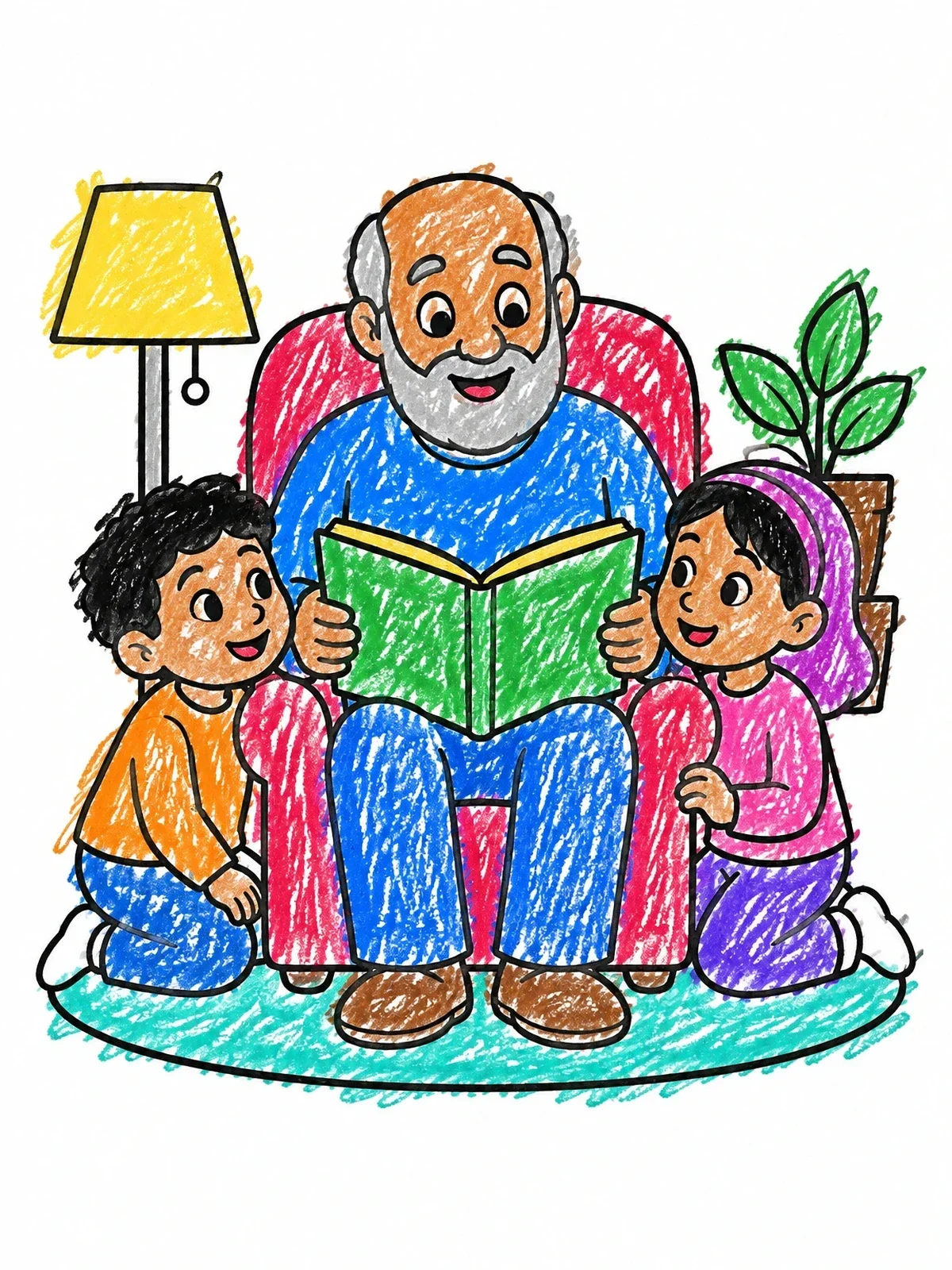 Colored example of the Grandfather Reading To Grandchildren coloring page