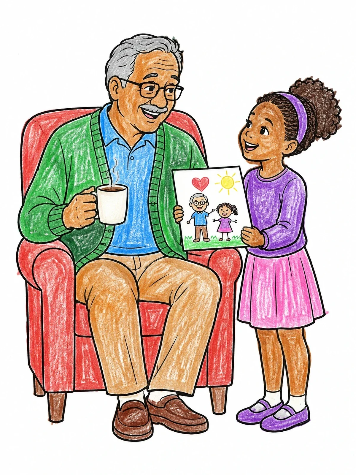 Colored example of the Grandfather Receiving Gift Drawing coloring page
