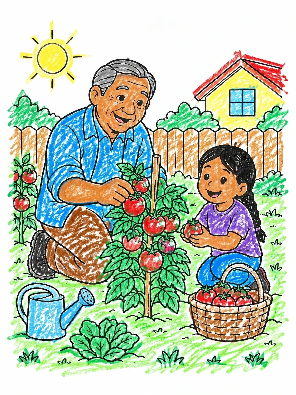 Colored example of the Grandpa And Granddaughter Gardening Together coloring page