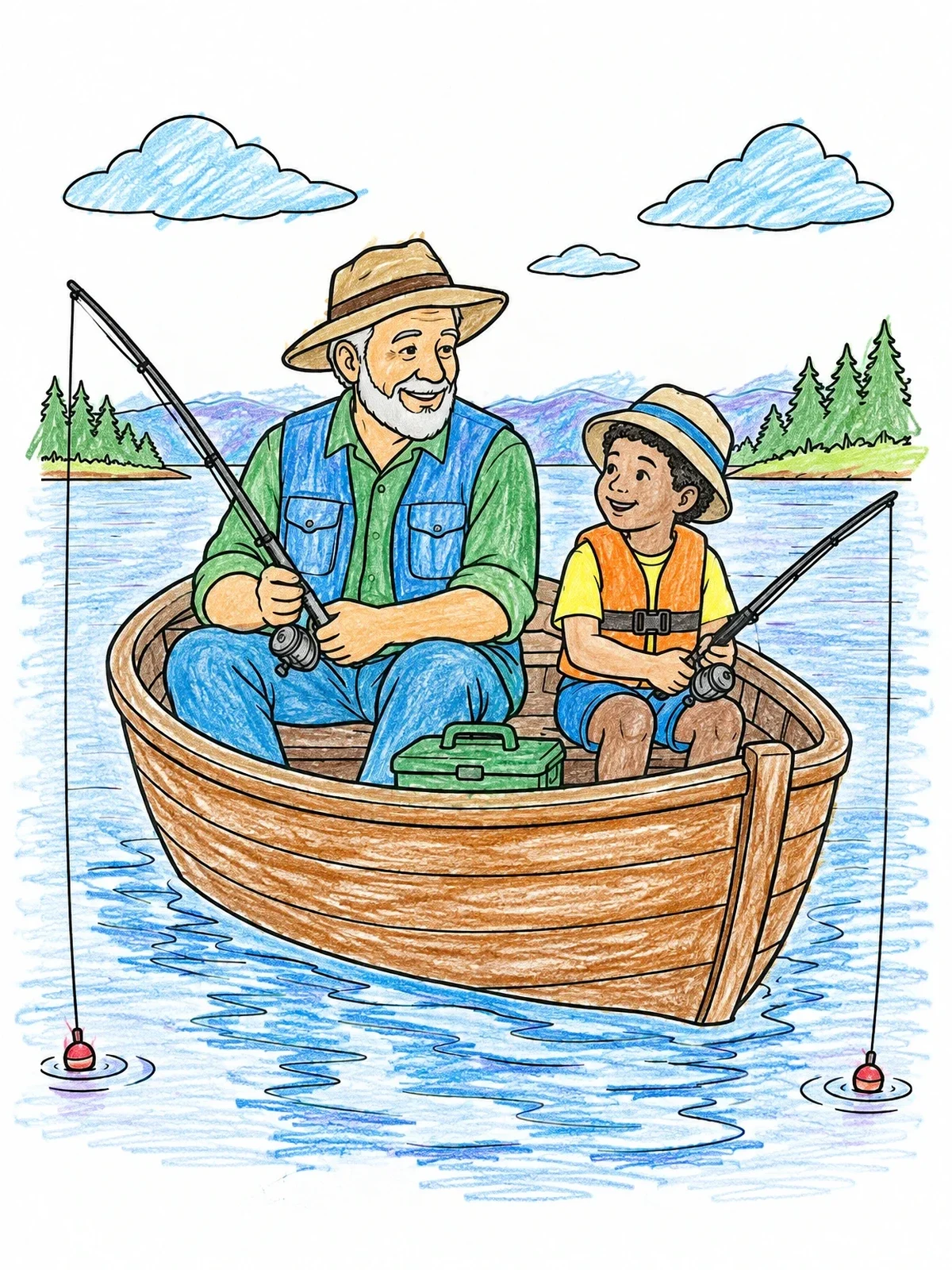 Colored example of the Grandpa And Grandson Fishing In A Boat coloring page
