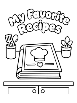 A cookbook coloring page showing a recipe book on a kitchen counter.