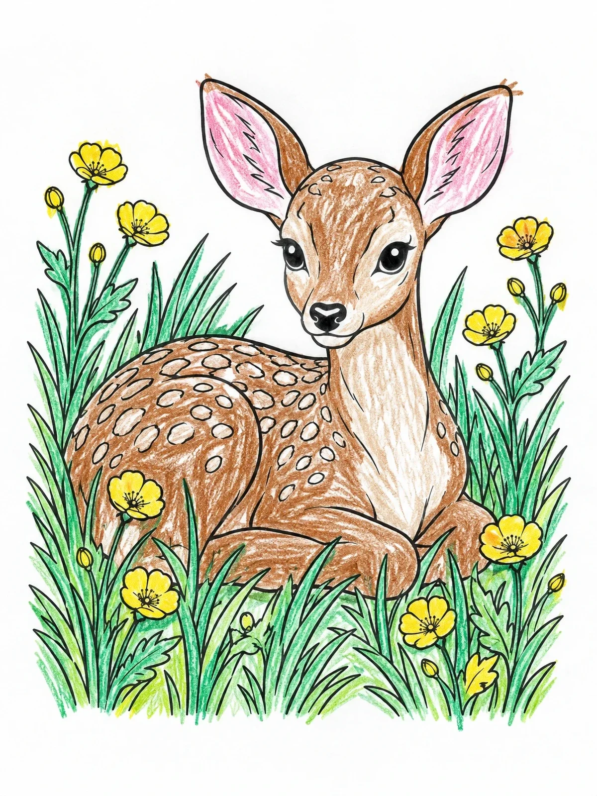 Colored example of the Spotted Fawn In Meadow Buttercups coloring page
