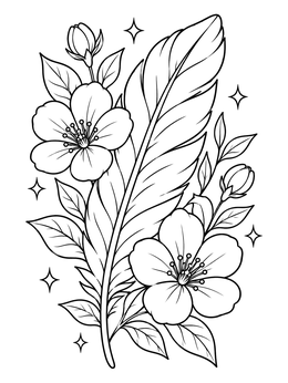 A decorative feather coloring page surrounded by blooming flowers, leaves, and stars.
