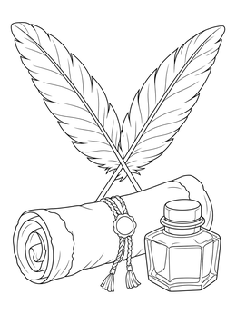 A feather coloring page with two crossed quill feathers, an antique scroll, and an ink bottle.