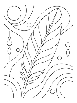 A detailed feather coloring page surrounded by abstract swirling lines and shapes.