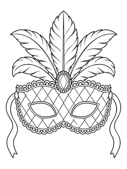 A decorative mardi gras coloring page featuring a feathered masquerade mask with diamond patterns.
