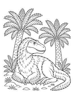 Resting feathered dinosaur in this detailed t rex coloring page with palm trees.