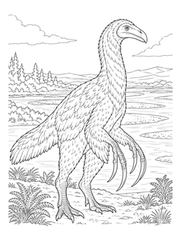 A therizinosaurus coloring page showing the feathered dinosaur standing near a braided river.