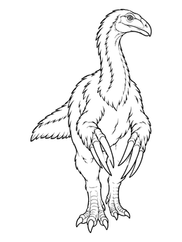 A feathered therizinosaurus coloring page showing the prehistoric dinosaur standing tall with long sharp claws.