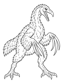A feathered therizinosaurus coloring page showing the prehistoric dinosaur displaying its massive claws.