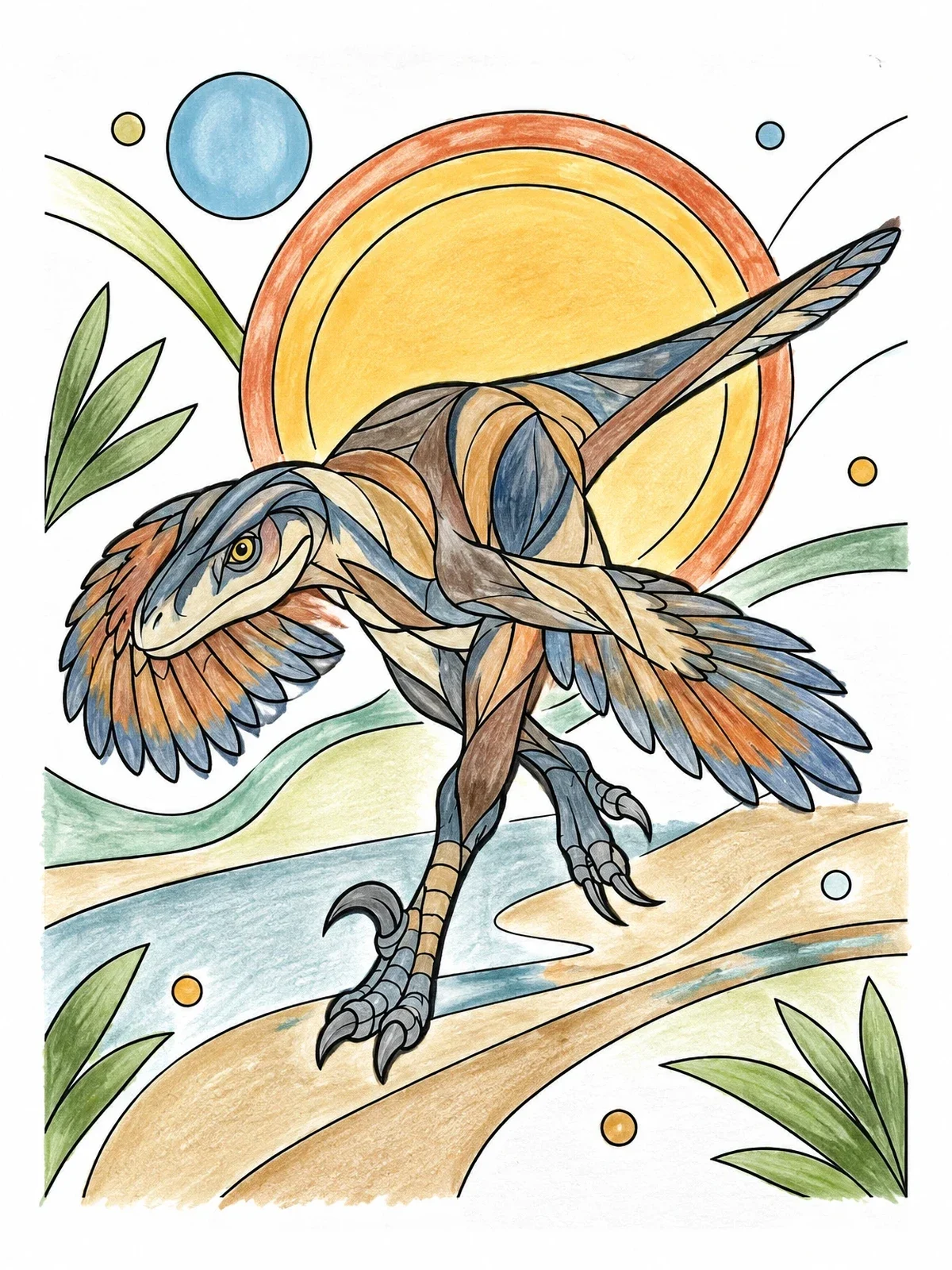 Colored example of the Stylized Feathered Velociraptor On The Prowl coloring page