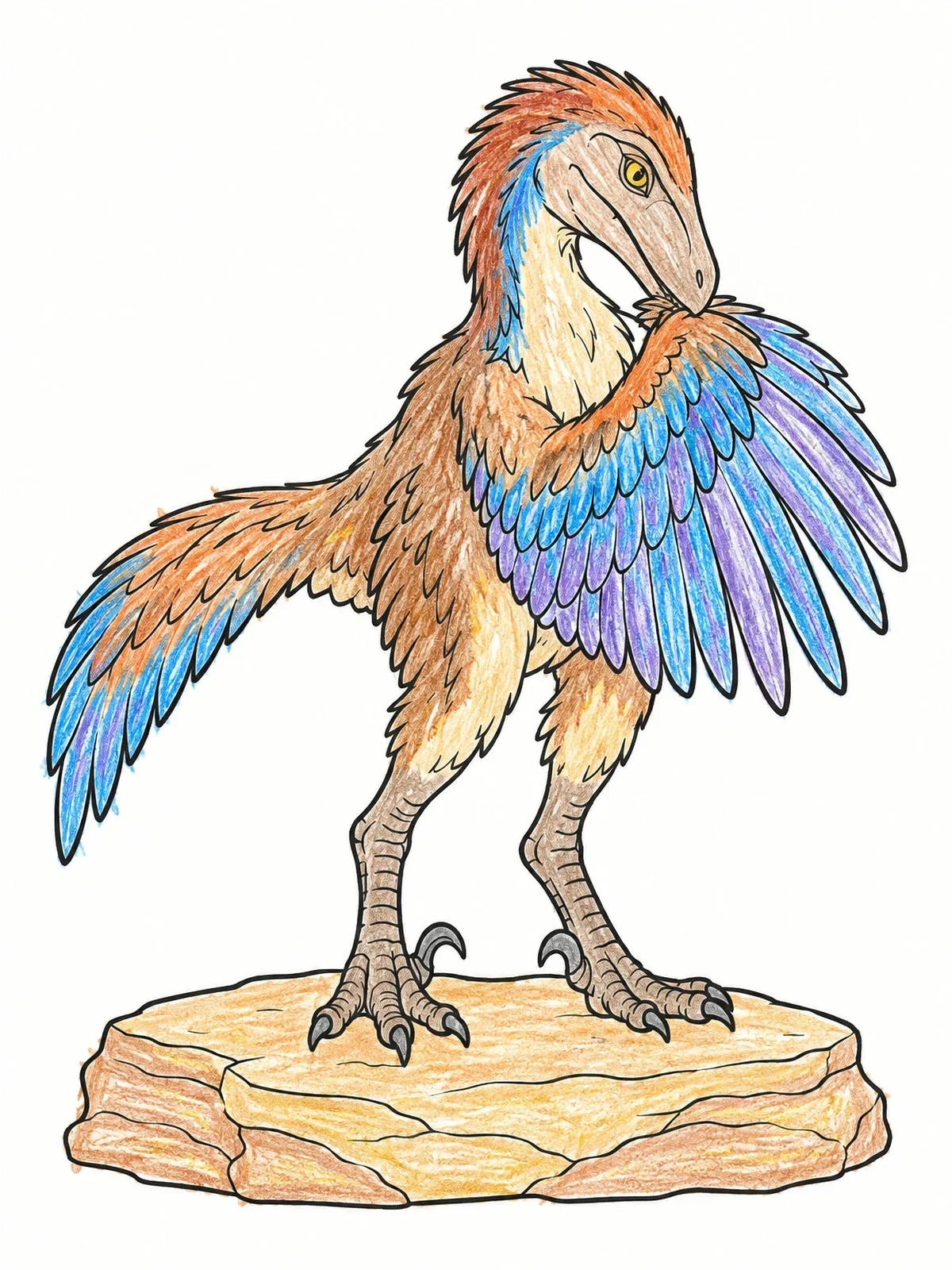 Colored example of the Feathered Velociraptor Preening On Rock coloring page