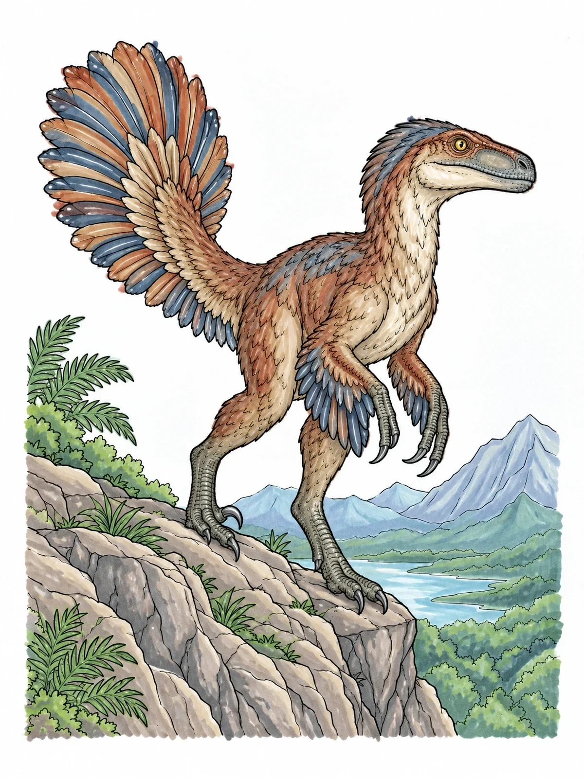 Colored example of the Feathered Velociraptor On A Rocky Ridge coloring page