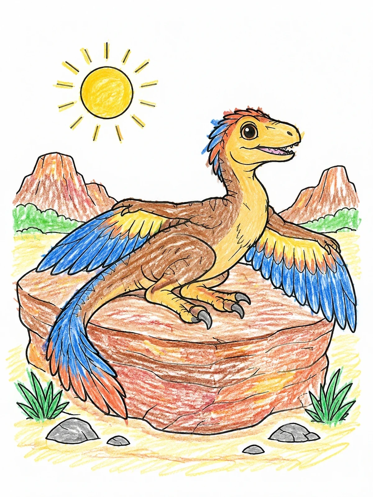 Colored example of the Sunbathing Feathered Velociraptor coloring page