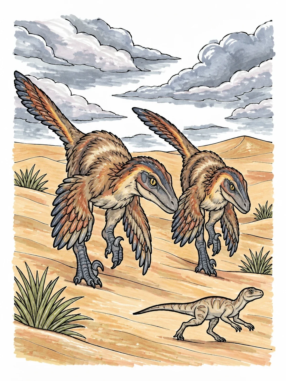 Colored example of the Feathered Velociraptors Hunting In The Dunes coloring page