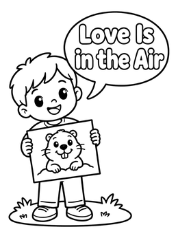 A cheerful boy on this february coloring page holding a drawing of a groundhog.