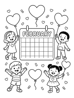 Kids with heart balloons around a calendar in this february coloring page.