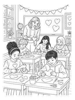 Children craft hearts in this february coloring page.