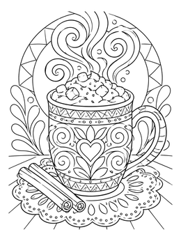 A february coloring page of an ornate hot cocoa mug with marshmallows and cinnamon.