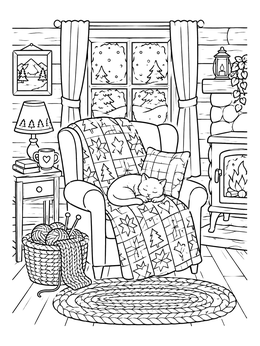 A cat sleeping on an armchair inside a cabin by the fire in this february coloring page.